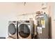 Modern laundry area featuring side-by-side washer and dryer set, a hot water heater and wire shelving at 2069 Sandtown Sw Rd, Atlanta, GA 30311