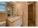 Bathroom with large mirror and white cabinets and an attached walk-in closet at 1744 Elks Club Rd, Covington, GA 30014