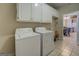 Functional laundry room equipped with white washer, dryer, and overhead cabinets for efficient storage at 1744 Elks Club Rd, Covington, GA 30014
