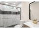 Bright bathroom featuring a glass-enclosed shower and modern vanity at 9591 Teal Ter, Jonesboro, GA 30238