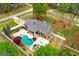 Stunning aerial view of a home with a pool, patio, and expertly landscaped grounds at 155 Duncans Mill Dr, Locust Grove, GA 30248