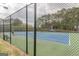 A view of the fenced tennis court with blue and green surface, surrounded by lush greenery at 217 Brunswick Dr, Tyrone, GA 30290