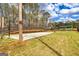The backyard basketball court and volleyball court are surrounded by grass and a natural wooded area at 168 Lakeview Dr, Grantville, GA 30220