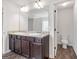 Double-sink vanity in bathroom with wood cabinets; toilet in the background and bright vanity mirror at 789 Galveston Way, Mcdonough, GA 30253