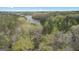Breathtaking aerial view of a home nestled in a lush forest alongside a serene lake at 655 Sunset Dr, Locust Grove, GA 30248