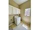 Functional laundry room with a washing machine, overhead storage cabinets, and a window at 2481 Weatherstone Cir, Conyers, GA 30094