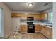 Kitchen needing remodeling, featuring wood cabinets, a black stove, and backsplash tile at 131 Turning Pt, Stockbridge, GA 30281