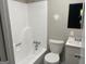 Functional bathroom featuring a white tub and shower combo, toilet, and vanity with ample storage at 300 Wood Rd., Hampton, GA 30228
