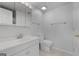 Basement bathroom featuring a white vanity, toilet, and medicine cabinet above the vanity at 210 Sweetwater Dr, Fayetteville, GA 30214