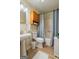 Traditional bathroom features a pedestal sink, matching cabinet, and bath with a shower and blue patterned curtain at 424 N Green Cir, Mcdonough, GA 30252