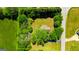 Aerial view of a property enclosed by trees, situated on a corner lot, next to a field at 20 Rosser Rd, Mcdonough, GA 30252