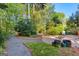 Beautifully landscaped backyard featuring brick and gravel paths, plantings, and a trampoline at 203 Silverwood Way, Peachtree City, GA 30269