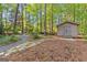 Backyard shed with a stone walkway surrounded by mature trees at 203 Silverwood Way, Peachtree City, GA 30269