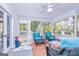 Covered back porch with wicker furniture and a wooded view at 230 Haynes Rd, Moreland, GA 30259