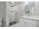 Bathroom featuring a rainfall shower, white cabinets, and modern design elements at 3387 Oak Dr, Lawrenceville, GA 30044