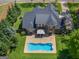 Aerial view of a private backyard oasis with in-ground pool and lush landscaping at 249 Suffolk Way, Mcdonough, GA 30252