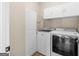 Functional laundry room with modern appliances, storage cabinets, and a closet at 249 Suffolk Way, Mcdonough, GA 30252