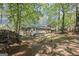 Backyard view of home with white deck surrounded by mature trees and foliage, creating a private, shaded area at 385 Lakeshore Dr, Stockbridge, GA 30281