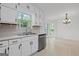 Kitchen sink and dishwasher featuring white cabinets, black handles, and a view of the dining area at 385 Lakeshore Dr, Stockbridge, GA 30281