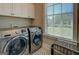 Laundry room with front load Samsung washer and dryer and white cabinets above at 1461 Thomas St, Conyers, GA 30094
