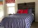 Cozy bedroom with a comfortable bed featuring striped bedding and rustic headboard at 160 Elysian Dr, Fayetteville, GA 30214