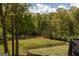Expansive backyard with a lush lawn and wooden fence, backing onto a scenic wooded area at 145 Carrington Ln, Brooks, GA 30205