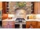 Close up of gourmet kitchen featuring custom hood with pot filler, granite countertops and cabinet lighting at 145 Carrington Ln, Brooks, GA 30205