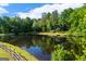 Scenic view of the pond, framed by mature trees and lush greenery with home in background at 4383 Pool Rd, Winston, GA 30187