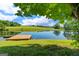 Scenic view of the pond featuring a wooden dock, ducks swimming, and grassy lawn at 4383 Pool Rd, Winston, GA 30187