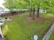 Large backyard with grass, mature trees, patio, and wooden privacy fence at 327 Viceroy Curv, Stockbridge, GA 30281