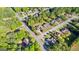 A high angle aerial view showcases well-maintained homes and landscaping in a suburban neighborhood at 202 Willow Rock Pt, Fayetteville, GA 30215