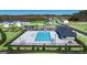 Aerial view of the community pool with clubhouse, playground, and surrounding residential area at 1624 Palladian Way # 117, Lithonia, GA 30058