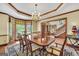 Traditional dining room featuring a wood table, chandelier, tray ceiling, and large windows at 39 Gabrielle Ct, Stockbridge, GA 30281