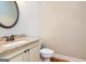 This half bathroom features a vanity with granite countertops and modern fixtures at 410 Wicklow St, Tyrone, GA 30290