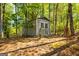 A nice storage shed is located in the backyard at 410 Wicklow St, Tyrone, GA 30290