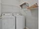 Functional laundry room with washer, dryer, wire shelving, and storage basket at 140 Pecan Ridge Dr, Fayetteville, GA 30215