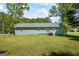 View of backyard with green grass and mature trees, surrounding a house with blue siding at 195 Riverbend Dr, Covington, GA 30014
