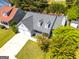 Aerial view of a home with gray roof, 2 car garage, driveway, and a yard in a residential neighborhood at 6844 Saganaw Dr, Rex, GA 30273