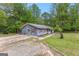 Ranch style home with gravel driveway and light blue siding and red shutters, surrounded by mature trees at 324 County Line Rd, Fayetteville, GA 30215