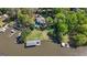 Aerial view of a lakefront property featuring a pool, mature trees, and private boat docks at 8655 Shoreline Dr, Jonesboro, GA 30236