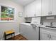 Laundry room featuring white cabinets and granite counter tops at 8655 Shoreline Dr, Jonesboro, GA 30236
