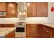 Close up of stainless steel oven and cooktop with decorative tile backsplash and granite countertops at 1619 Cascade Overlook, Peachtree City, GA 30269