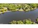 Aerial view of the lake showing surrounding homes and lush greenery at 423 Bear Creek Trl, Hampton, GA 30228