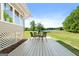 Charming back deck with outdoor seating, showcasing a picturesque view of the beautiful lake and open grassy field at 423 Bear Creek Trl, Hampton, GA 30228