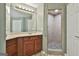Main bathroom with a large vanity, walk-in shower, and vanity lighting at 225 Mapledale Trl, Sharpsburg, GA 30277