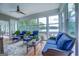Inviting sunroom featuring multiple windows providing scenic lake views and cozy blue furniture at 270 Polk Rd, Covington, GA 30014