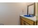 Functional half bath features a blue sink atop a wooden vanity with a decorative framed mirror and ample lighting at 13819 Woolsey Rd, Hampton, GA 30228
