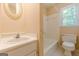 Bathroom with white vanity, toilet, and tub at 13819 Woolsey Rd, Hampton, GA 30228