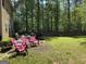 Well-maintained backyard featuring vibrant pink Adirondack chairs and lush lawn surrounded by trees at 3999 Cumberland Se Trl, Conyers, GA 30094