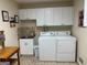 Functional laundry room with white cabinets, sink, and tiled flooring, offering ample storage at 140 Julie Rd, Tyrone, GA 30290